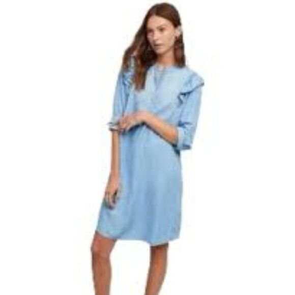 CLOTH & STONE FOR ANTHROPOLOGIE LONG SLEEVE CHAMBRAY DRESS WITH RUFFLE SIZE XS - Picture 1 of 9